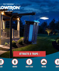 Two In One Solar Powered Bug Zapper With UV Light And LED Lamp installed in garden at night, illuminating patio area