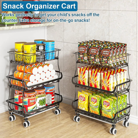 Three Tier Rolling Pantry Cart With Wheels, Stackable Wire Baskets For Pantry Shelves, Fruit And Veggie Storage Stand