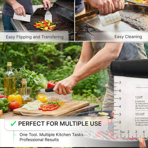 Person using Stainless Steel Griddle Spatula Set of 3 With Scraper Heavy Duty Spatulas for Cast Iron Grill and Flat Top BBQ.