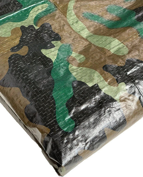 Camouflage 19 Foot By 29 Foot 4 Inch 7 Mil Poly Tarp Built Tough All Purpose Waterproof Cover With Rust Proof Aluminum Grommets Multi Use Outdoor Shelter Green Black, close-up of fabric texture and pattern with green, black, and brown colors.