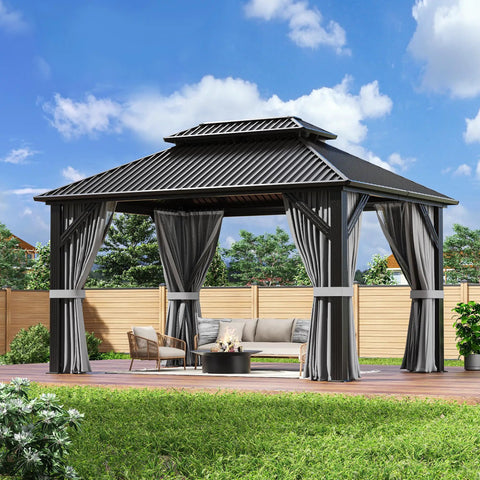 Hardtop Outdoor Gazebo With Aluminum Frame And Double Galvanized Steel Roof For Patio Backyard Or Deck Curtain Netting Included Dark Grey 10x12 Pergola Built To Weather The Elements installed on wooden deck with surrounding garden view