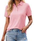 Light Pink Women Polo Shirt With Short Sleeve 3 Button Collared Golf Style Cotton Blend Lightweight Breathable All Day Comfort Work Top For Summer Casual Business Casual Tee Size M