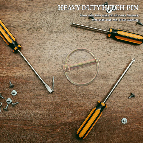 Golden Trailer Safety Pin Kit For Couplers And Hitches, 20 Piece Heavy Duty Locking Pins Set For Trucks, Trailers, RVs, And Farm Gear, Easy Install, Built To Last. 20-piece steel hitch pins on wood surface