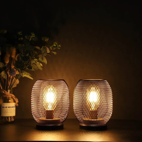 Set Of 2 Battery Powered Metal Cage LED Lanterns Cordless Accent Lights With Warm White LED Round Vintage Style Cozy Vibe