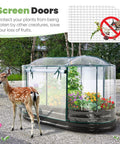 Outdoor Raised Garden Bed With Clear PVC Cover, protecting plants from wildlife, showing flowers and herbs in galvanized oval box.