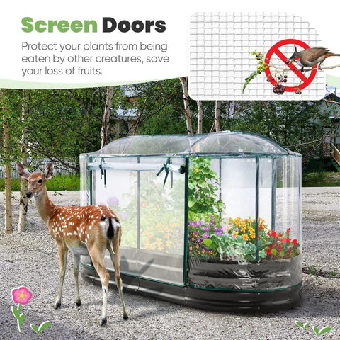 Outdoor Raised Garden Bed With Clear PVC Cover, protecting plants from wildlife, showing flowers and herbs in galvanized oval box.