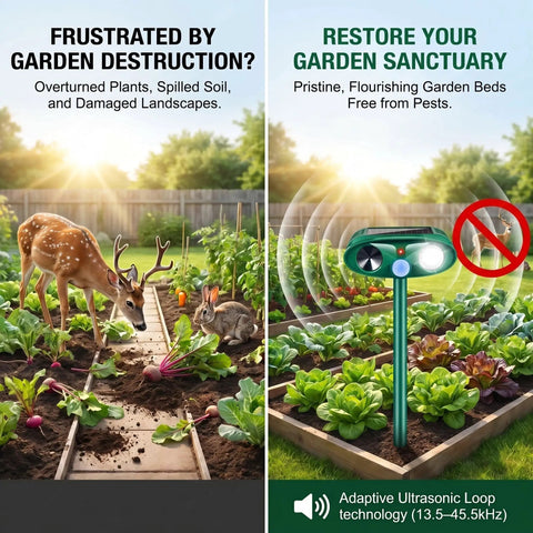 Ultrasonic Deer Repellent For Plants 4 Pack With Solar Power And Motion Sensor Strobe Light Outdoor Animal Deterrent Keeps Deer Rabbits Cats Raccoons And Squirrels Out Of Your Yard And Garden. Split garden image showing damaged and protected raised beds