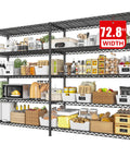 Massive 5 Tier Heavy Duty Metal Storage Shelving Unit 72.8 Inch Wide Wire Shelves With 1600 Lbs Total Weight Capacity For Garage Or Workshop Organization And Easy Clutter Busting, 72.8" black steel wire rack with five shelves
