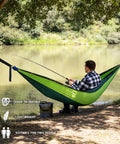 Single Portable Parachute Nylon Hammock For Outdoor Adventure with man fishing by lake, ultra durable, quick dry 210T fabric, dirt resistant
