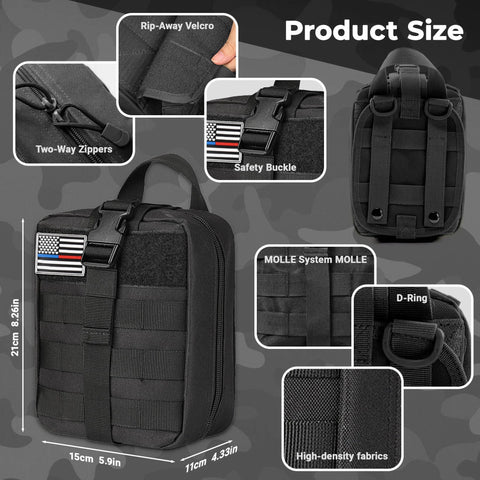 Front view of black IFAK trauma kit with MOLLE bag, tourniquet, and 4-inch Israeli bandage