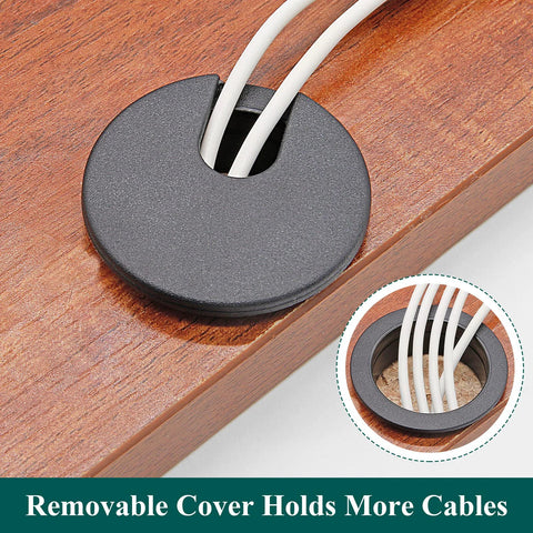 Black Desk Cable Grommets 1.5 Inch Plastic Hole Covers for Office Equipment installed in wooden desk with cables