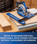 Kreg Rip-Cut circular saw guide on blue base with rail system, front view on plywood