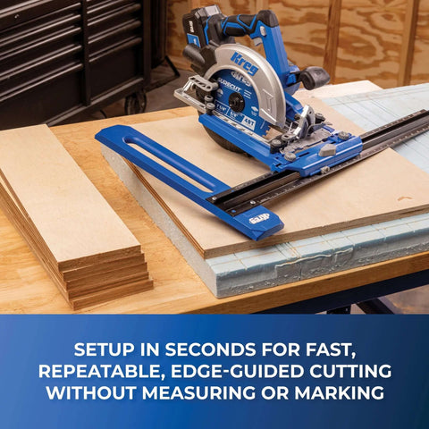 Kreg Rip-Cut circular saw guide on blue base with rail system, front view on plywood
