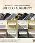 Assorted decorative metal air vent covers with various finishes and patterns by Decor Grates, featuring rub...