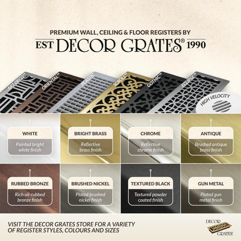 Display of various Decor Grates metal air vent covers in different finishes including white, brass, and brushed nickel.