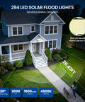 Beast Bright Outdoor Solar Flood Light 294 LED Motion Sensor illuminating a house entrance, showing 26.42ft motion detection range.