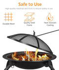 Close-up of 21 Inch Portable Folding Steel Fire Pit with mesh spark screen, steel frame, and flames, showcasing materials and safety features.