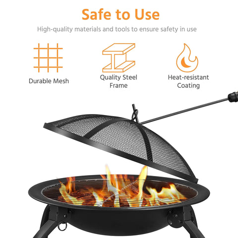 Close-up of 21 Inch Portable Folding Steel Fire Pit with mesh spark screen, steel frame, and flames, showcasing materials and safety features.