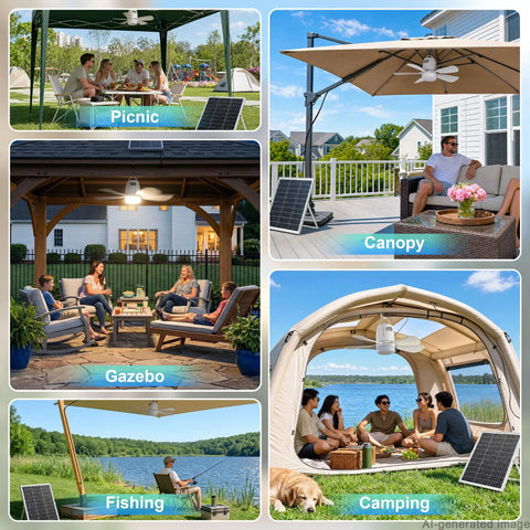 20 Inch Solar Ceiling Fan With 20000 Mah Battery And 30 Watt Panel Keeps Your Crew Chill On Hot Days Remote Control Dimmable Lights for patio gazebo and camping setups