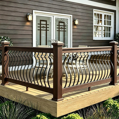 51 Pack 29.5 Inch Matte Black Iron Deck Balusters With Complete Hardware Kit For Exterior Stair Railing And Porch Safety Fences That Look Dope And Install Like A Breeze No Stress At All installed on a wooden deck.