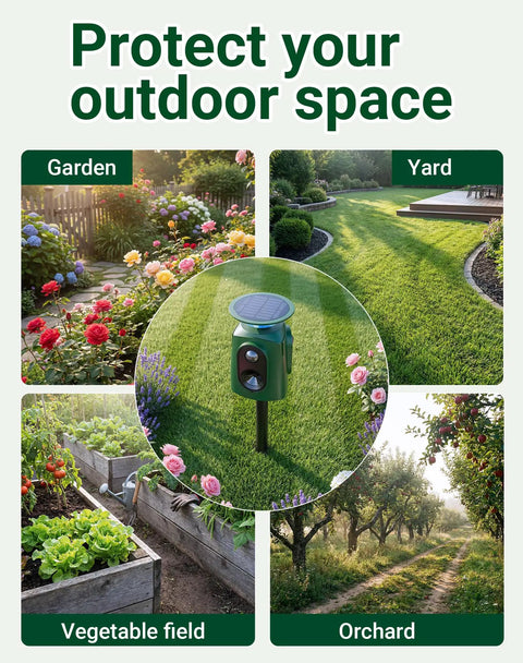 Two Pack 360 Degree Solar Animal Repeller With Ultrasonic Sound Motion Sensor And LED Lights Waterproof Outdoor Cat Dog Raccoon And Coyote Deterrent USB Rechargeable Yard Protection in garden and yard