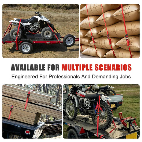 Beefed Up Heavy Duty Ratchet Straps 4 Pack 4500 Lbs Breaking Strength 1.5 Inch wide securing vehicles and cargo on trailers.