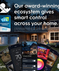 Smart home control ecosystem with app displays, awards, and house, showcasing connectivity with devices for modern living.