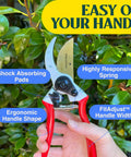 Close-up of 8.5 Inch Titanium Bypass Pruning Shears For Gardening With Japanese Grade High-Carbon Steel Blades, highlighting ergonomic grip.