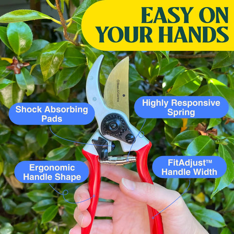 Close-up of 8.5 Inch Titanium Bypass Pruning Shears For Gardening With Japanese Grade High-Carbon Steel Blades, highlighting ergonomic grip.