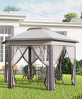 Outdoor view of 13 By 13 Pop Up Gazebo With Mesh Screen Walls And Zippered Netting Portable Steel Frame for patio use, coffee beige.