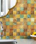 Peel And Stick Backsplash Tile Pack For Kitchen Fireplace And Bathroom In Rust Copper Plaid Retro Copper Style Five Sheets With Eco Friendly Self Adhesive Backing For An Easy No Fuss Install No Grout visible in a kitchen setting with a faucet, mirror, and fruit bowl.