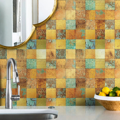 Peel And Stick Backsplash Tile Pack For Kitchen Fireplace And Bathroom In Rust Copper Plaid Retro Copper Style Five Sheets With Eco Friendly Self Adhesive Backing For An Easy No Fuss Install No Grout visible in a kitchen setting with a faucet, mirror, and fruit bowl.