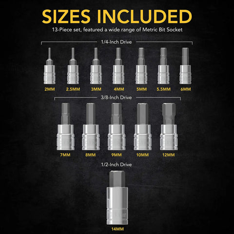 Sizes included in Premium 13 Piece Metric Hex Bit Socket Set With S2 Alloy Steel Bits And Hardened Chrome Vanadium Sockets.