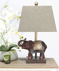 Festive Elephant Table Lamp In Brown With Gold Accent Resin Base And Brown Fabric Shade, Easy Reach Rotary Switch On Socket