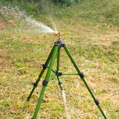 Impact Sprinkler With Tripod Base For Lawn And Garden, Pro Grade 360 Degree Coverage, Heavy Duty Brass Sprinkler Head in operation