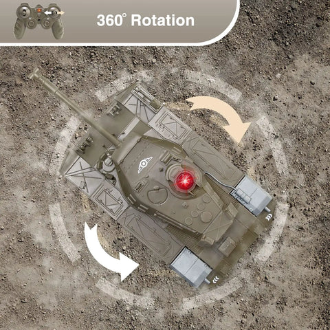 Top view of Remote Control Tank For Kids With Lights And Realistic Battle Sounds, Programmable M41A3 Army Tank rotating on dirt