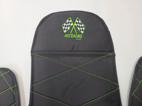 Close-up of Go Kart Seat Pad Set For Adults With 1/2 Inch Foam, Velcro Attachment, featuring black and lime green camo design.