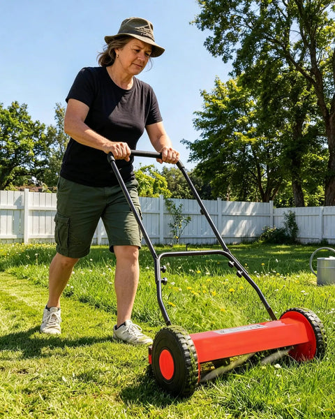 Woman using 14 Inch Hand Push Reel Lawn Mower With A Five Blade Cutting Reel For A Clean Scissor Cut, No Fuss Manual Push, Adjustable Cutting Height From 0.4 To 4 Inches, Selectable 14 Or 16 Inch Width For Small Yards And Dry Grass.