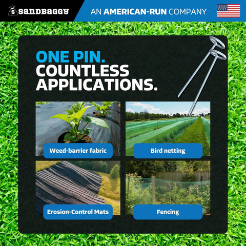 Image showing Beefed Up Heavy Duty 6 Inch Landscape Staples With 8 Gauge Galvanized Circle Top Ground Pins for various outdoor uses.
