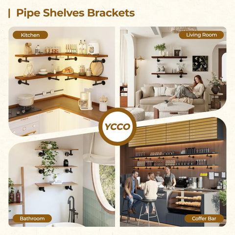 Dope Industrial Pipe Shelf Bracket Set For 8 To 16 Inch Wood Floating Shelves In Black Iron With Wear Resistant Coating 6 Pack in different rooms