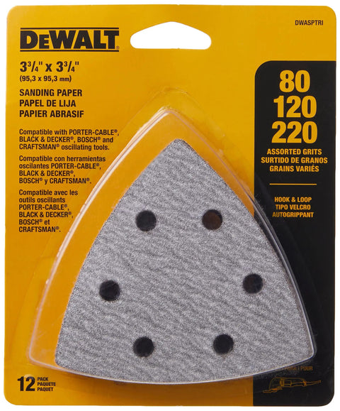 Sandpaper Assortment Kit With Hook And Loop Triangle Pads 12 Pack Universal Fit packaging in yellow and black