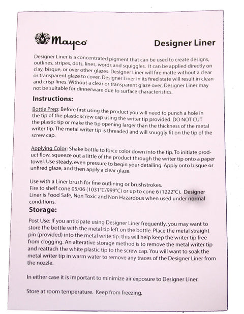 Pink Mayco Designer Liner instruction sheet showing usage and storage guidelines