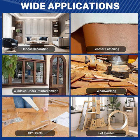 Wide applications for Pro Grade 18 Gauge Brad Nails: indoor decoration, woodworking, leather fastening, DIY crafts, window reinforcement, and pet houses.