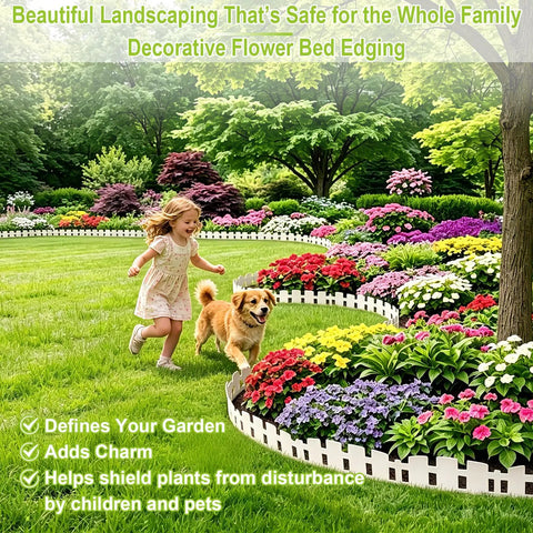 Child and dog playing near flowers bordered by No Dig Plastic Garden Edging Border Kit With 90 Flexible Stakes White Picket Fence Style 50 Ft
