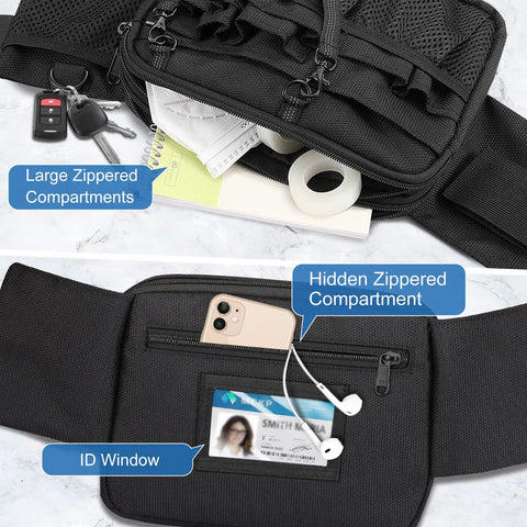 Open Nurse Fanny Pack With Tape Holder And Multi Pocket Medical Gear Organizer showing compartments, phone, and ID window