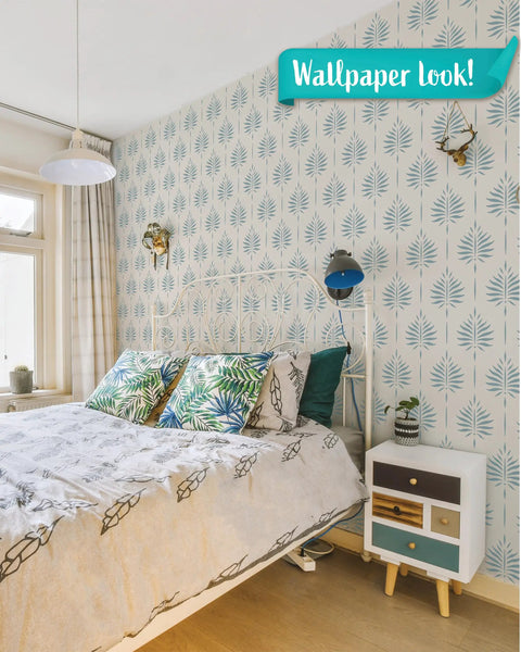 Bedroom with Fern Wall Stencil Set 2 Pack 17 By 22.5 Inches for Painting Large Patterns, creating a modern wallpaper look on accent wall.