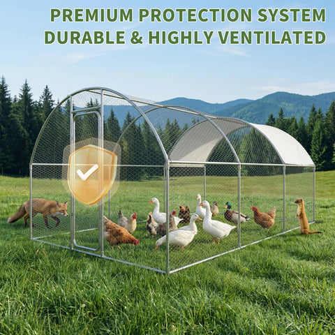 20Ft Large Walk In Metal Chicken Coop With Waterproof UV Cover Anti Predator Security Dome Roof Heavy Duty Rust Resistant Steel Frame Outdoor Poultry Cage Hen House For Yard Farm Backyard