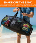 Person holding Massive 129L 35 Inch Mesh Duffle Bag For Scuba Gear Snorkel Sets And Swim Essentials Water Resistant Mesh Drains Fast