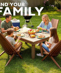Family dining outdoors with 2 Pack Folding Acacia Wood Chair Set For Patio And Outdoors around a garden table.