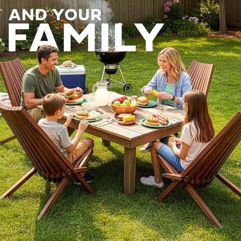 Family dining outdoors with 2 Pack Folding Acacia Wood Chair Set For Patio And Outdoors around a garden table.